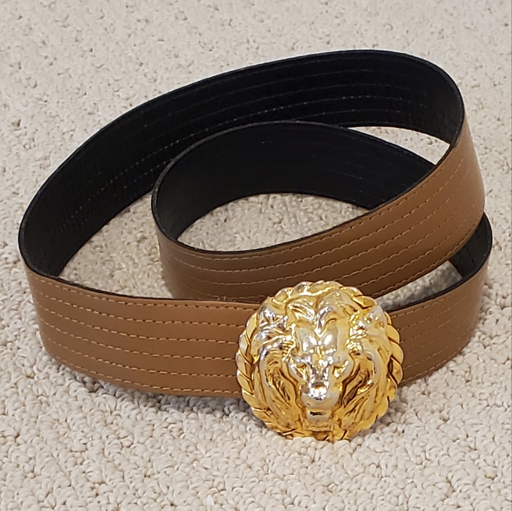 Abbe Creation Gold Lion Face/Mane Medallion Buckle Adjustable Leather Belt, OS